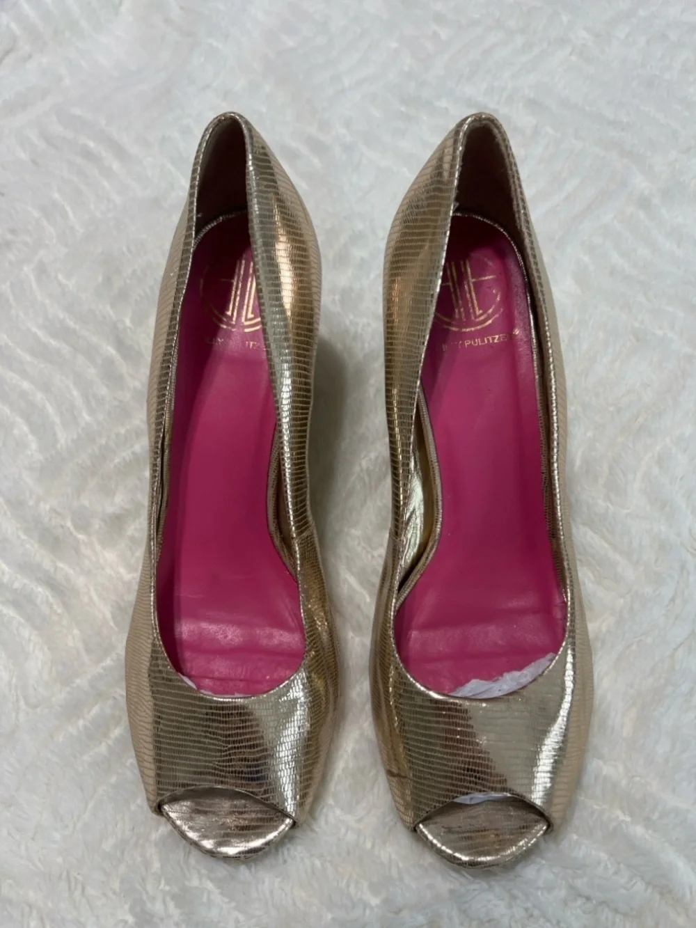 Lilly Pulitzer Gold Peep Toe Wedge Heels Size 8.5 Metallic Snakeskin